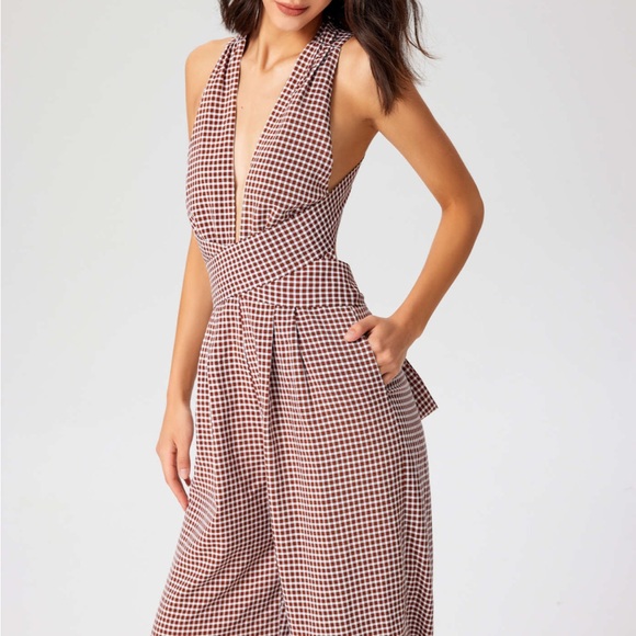 Cider Brown Gingham Plunge V-Neck One Piece Wide Leg Pantsuit Jumpsuit Size XL - Picture 5 of 16